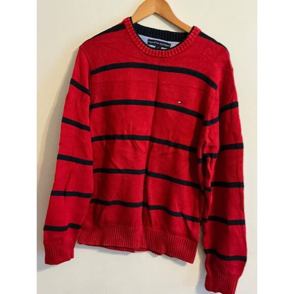 Tommy Hilfiger Red Blue Striped mens M sweater 90s flag Cotton heavy chunky - Picture 1 of 10